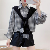 410 Korean casual simple Joker Bubble Sleeve Shirt Top Printed Shawl Autumn Winter New Womens Wear