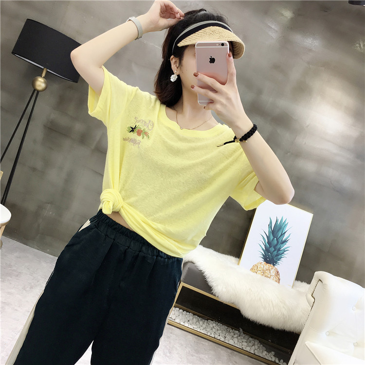C-M35 lỏng T-Shirt mùa hè của phụ nữ hoa thêu hoang dã áo thun ngắn tay áo sơ mi áo phông trắng nữ
