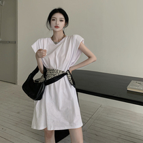 Korean version of round neck sleeve long shoulder pad T-shirt female summer air BAO WEN ribbon waist sleeveless dress