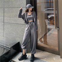 Sportwind three-piece set womens autumn hooded sweater coat slim short sling high waist loose Haren pants tide