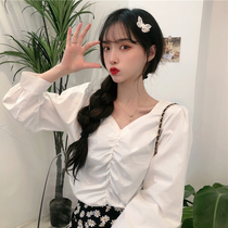 Temperament V-neck clavicle fold lantern sleeve shirt female autumn Korean version loose slim Joker short age reduction shirt