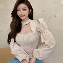 Retro French clavicle square collar jacket women Spring bubble sleeve hanging neck fold waist waist short foreign style heart machine shirt