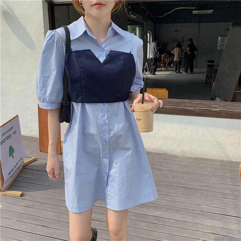 Retro polo collar medium and long version of shirt dress female summer design sense niche outside the chest sling two-piece dress