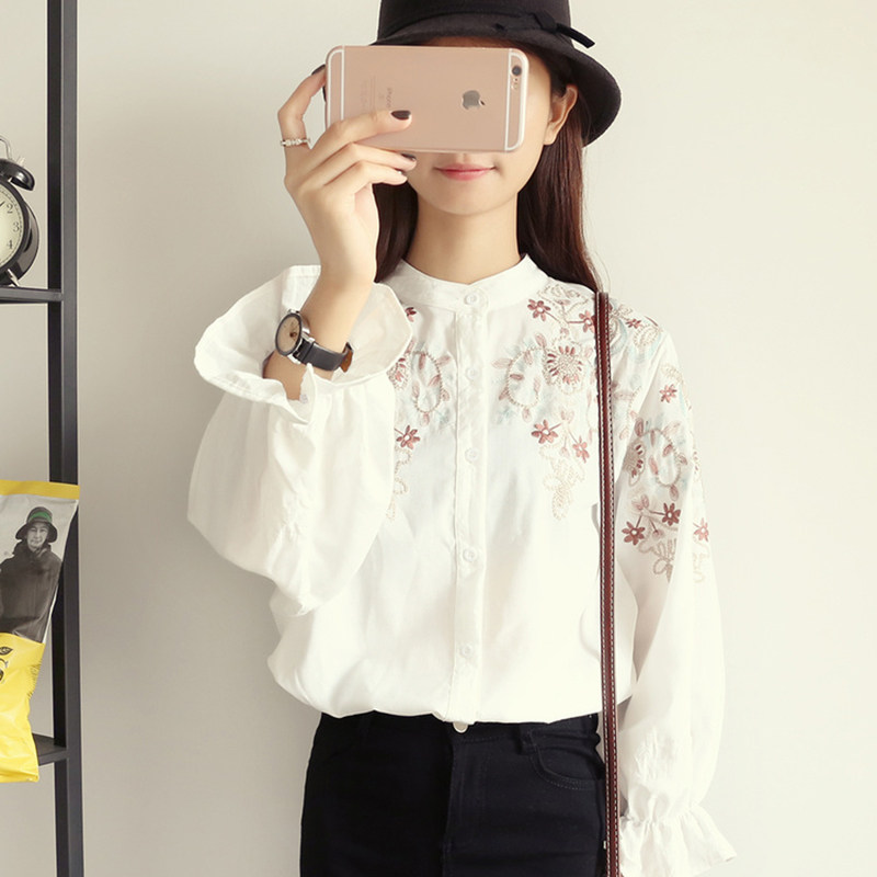 Han Fan Academy Wind flared sleeve shirt women's long sleeve 2021 spring new stand collar loose ethnic style embroidered shirt