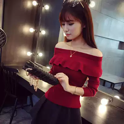 2021 autumn pullover sweater long sleeve one word collar off shoulder knitted shirt women ruffle top slim base shirt tide