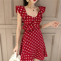 Vintage sweet polka dot v-neck ruffle dress female summer temperament Korean version of flying sleeves off-the-shoulder waist thin a-line skirt