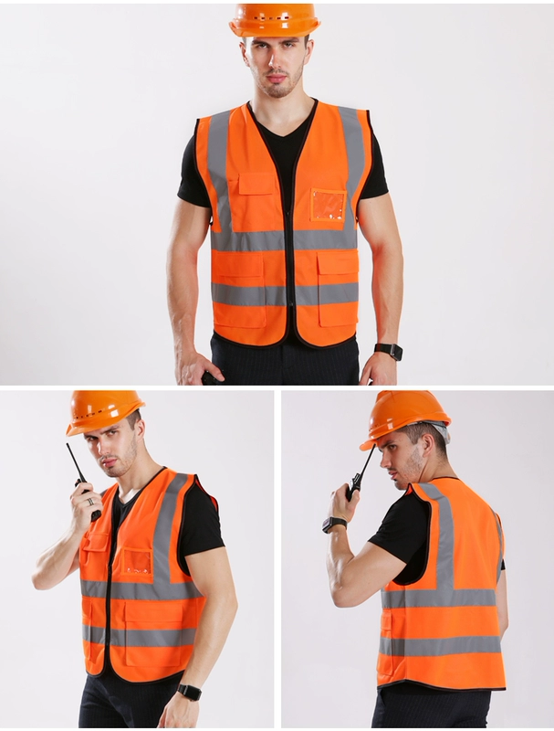Tùy chỉnh 
            áo phản quang nhiều túi in áo an toàn vệ sinh giao thông xây dựng cưỡi lưới cảnh báo Ruijia áo phản quang quần áo phản quang