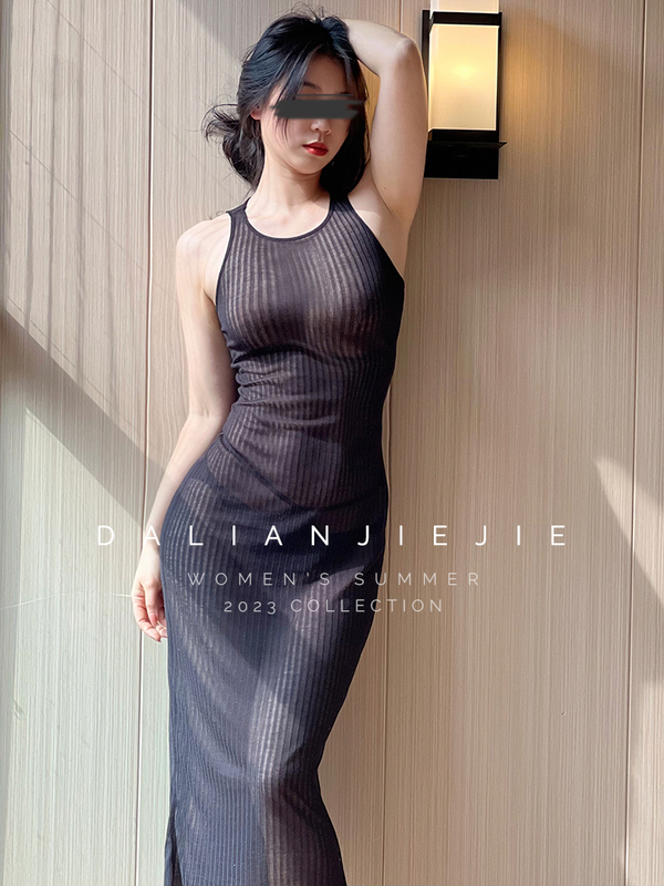 Yang Liuchan # Summer Evening Walking Dress, Super Soft Fabric, Sexy See-Through Bodycon Dress, Black Plus Size Sleeveless Long Dress