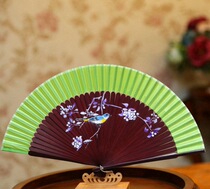 Fine spray painting high-grade head green fan bone gift fan * cheongsam walk show folding fan dance folding fan cheongsam female fan
