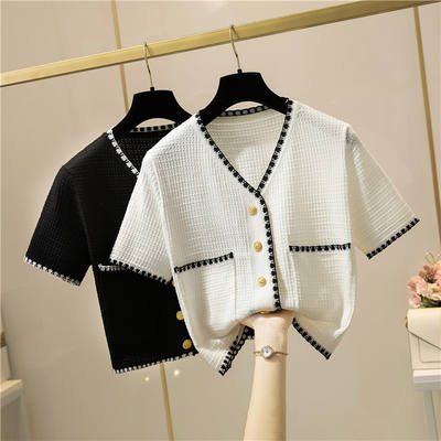 2026 Summer New V-neck short-sleeved female socialite style, short knitted cardigan, thin coat, woven top