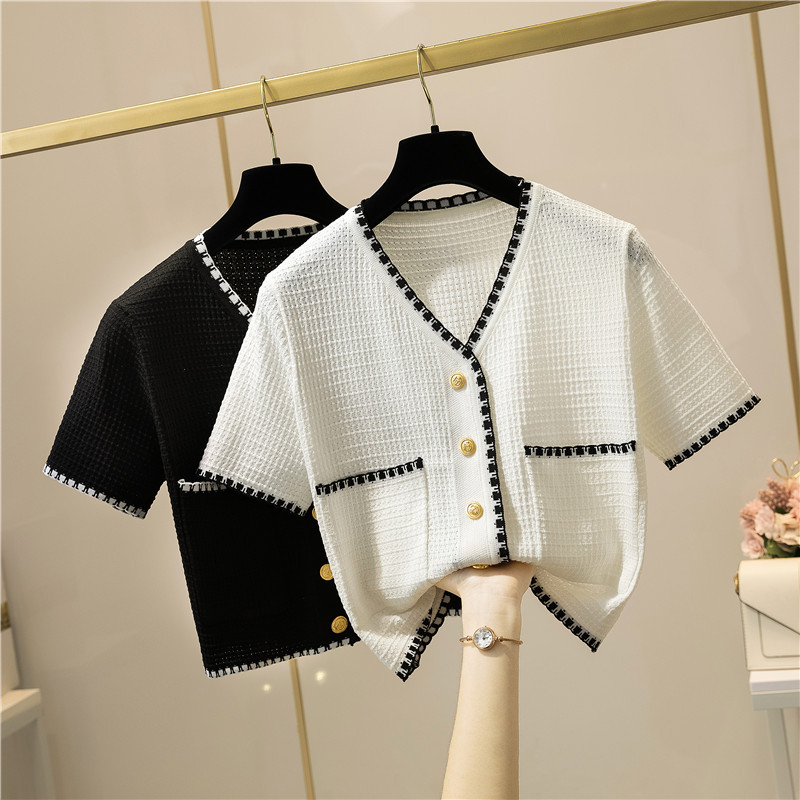2026 Summer New V-Neck Short-Sleeved Women's Elegant Short Knitted Cardigan Thin Jacket Woven Top