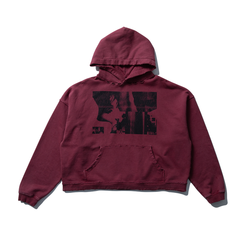 Wenfeng Li 480g Garment-Dyed Dark Red "In the Mood for Love" Boxy Short Wide-Printed Sweatshirt Hoodie