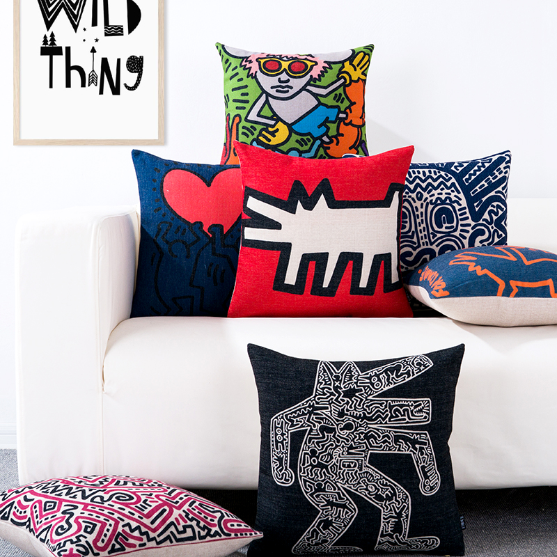 Kesshalin Keith Haring famous for modern creative minimalist Nordic cotton linen sofa cushions with pillows on pillows-Taobao
