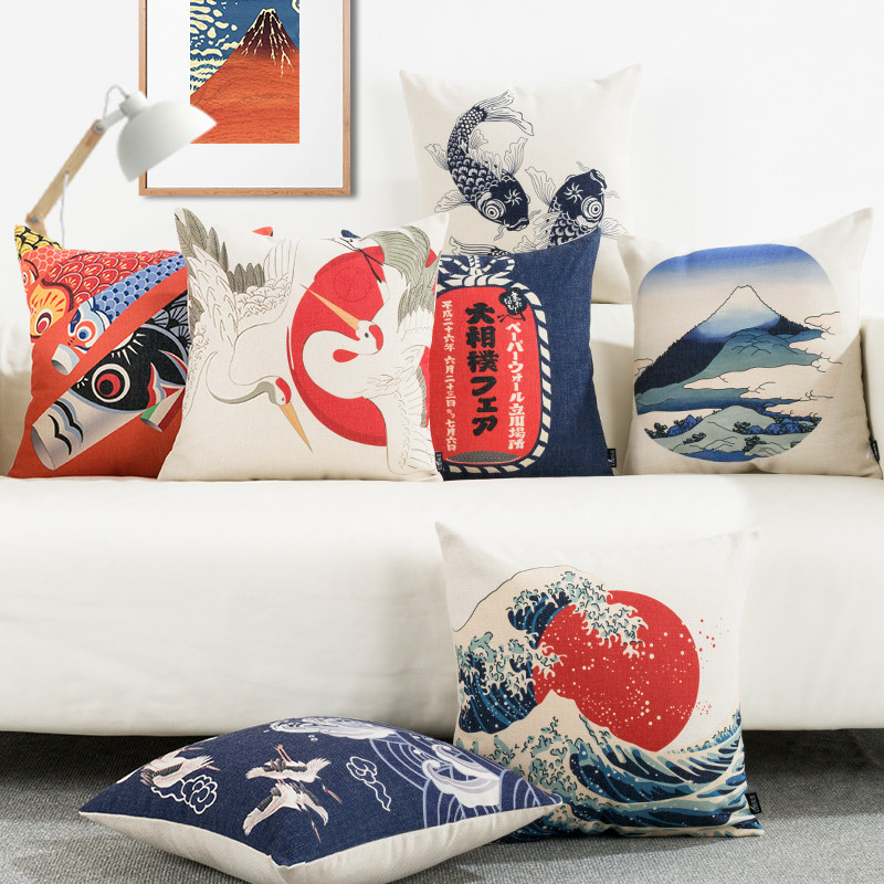 Japanese-style and wind fabric Ukiyo-e pillow Mt. Fuji national retro cotton and linen sofa cushion pillow pillow waist pillow