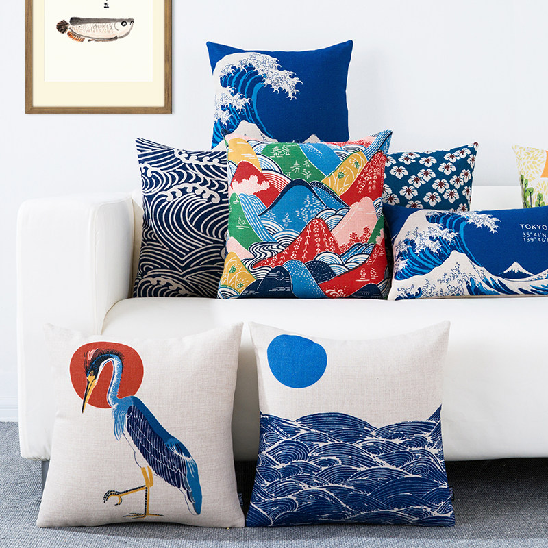 Japanese pattern fan folding fan floating world painting Fuji Mountain National Retrospective and Wind Cotton Mass sofa cushion pillow