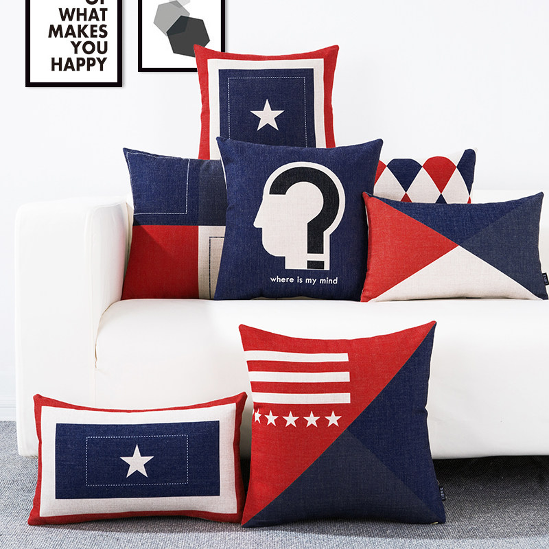 Red Blue and American Inn Wind retro brief Nordic car waist leaning living-room sofa cotton linen pillow cushion against pillows