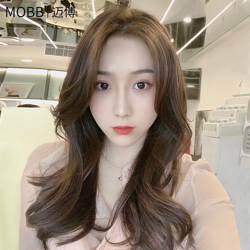 Wig women's long hair Korean eight-character Liuhai long curly hair big wave real life hair air cushion hot natural headgear
