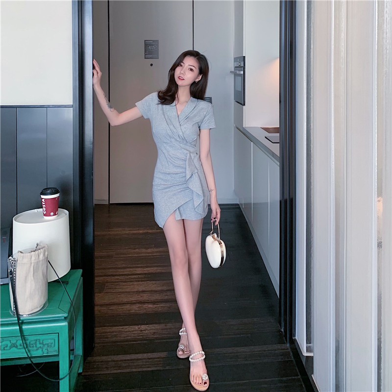 VK旗艦店 韓系不規則修身顯瘦荷葉邊短袖洋裝