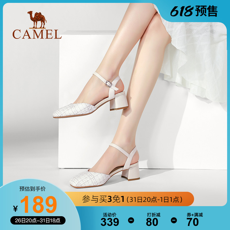 Camel women's shoes 2022 Summer new genuine leather square headlined with high heel coarse heel rear empty sandal women