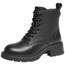 Camel Womens Shoes 2023 Winter New Genuine Leather British Style Side Zipper Lace-Up Casual Thick Heel Short Boots Martin Boots