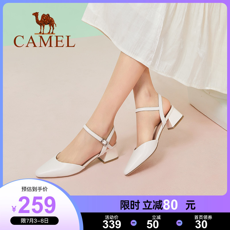 Camel women's shoes 2022 Summer new genuine leather pointed word, cingulate female wind Baotou rear empty heel sandal women