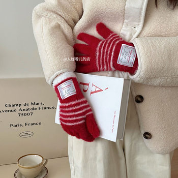Korean style ins striped plush gloves for women 2025 autumn and winter new warm and cold-proof cycling touch screen gloves for students