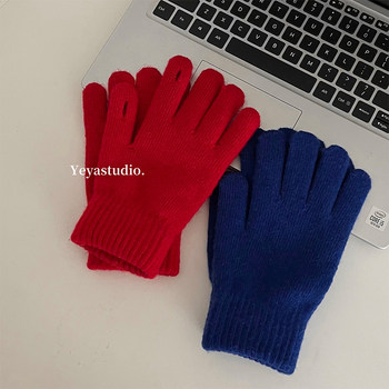 Red fingerless touch screen winter warm knitted gloves for women
