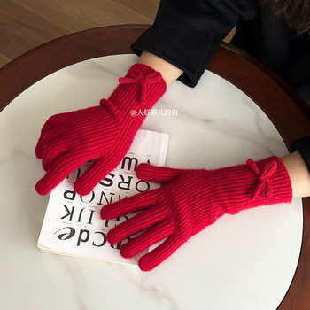 Bow-tie red knitted gloves for women in autumn and winter, all-match cycling, cold-proof and warm, touch screen split-finger woolen gloves, trendy