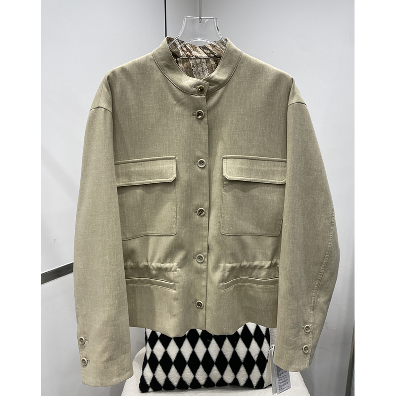 European Station 2026 Spring New Workwear Style Stand Collar Linen Short Jacket for Women, Single-Breasted, Waist-Cinching, Slimming Jacket Top