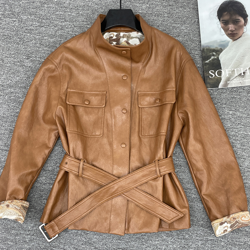 European Retro Stand-Collar Short Pu Leather Jacket for Women, Slim-Fit with Double Pockets and Belt, Versatile Jacket Top