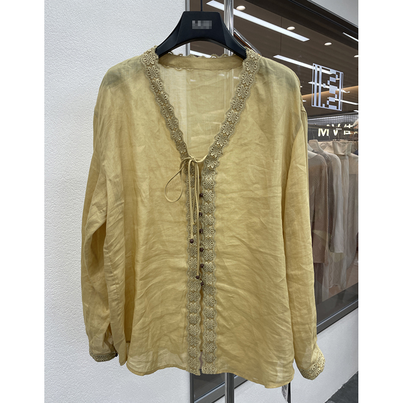 European Style Elegant V-Neck Lace Trim Ramie Shirt for Women, 2026 Summer Breathable Slimming Sun-Protective Top