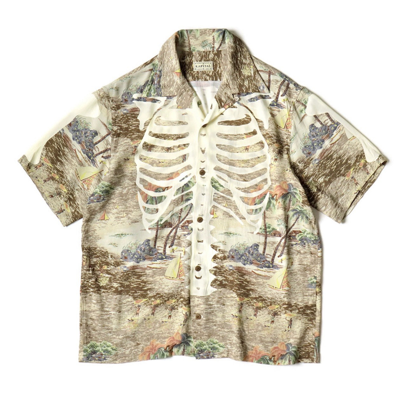 24Ss Kapital Hirata Kazuhiro Japanese Casual Bone Print Hawaiian Collar Short-Sleeve Shirt