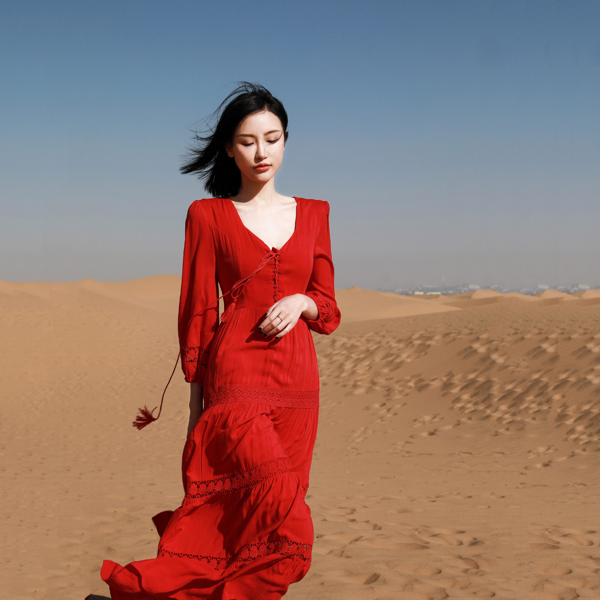 2022 Daily Tea Card Lake Holiday Desert Long Skirt Hebenfa Style Retro Red Ocean Dress 70% Sleeve Beach Dress