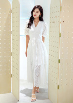 Temperament Style Vintage White Dress Woman Xia Xian Woman V Collar Open Fork A Word Bubble Princess Dress Hollowed-out