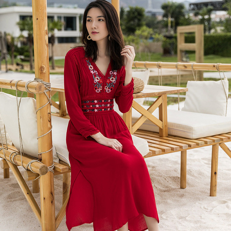 New Female Bohemian Thai National Wind Embroidery Holiday Dress Red Beach Foreign Dress 2022 High Waist