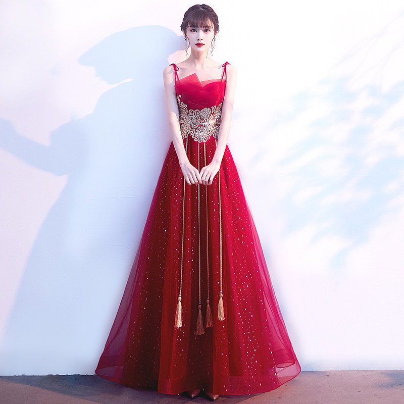 Bride toast dress 2022 new wine red tube top suspender starry little man wedding evening dress skirt female autumn