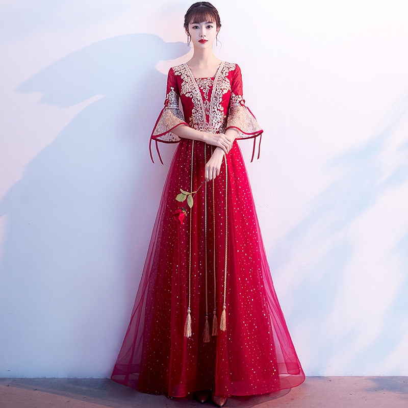 Bride toast dress 2022 new wine red luxury wedding engagement back door evening dress female small autumn