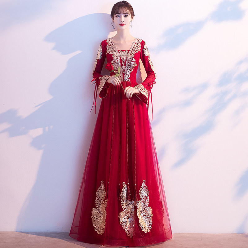 Bride toast dress 2022 new wine red long-sleeved Chinese style small wedding dress skirt female engagement autumn