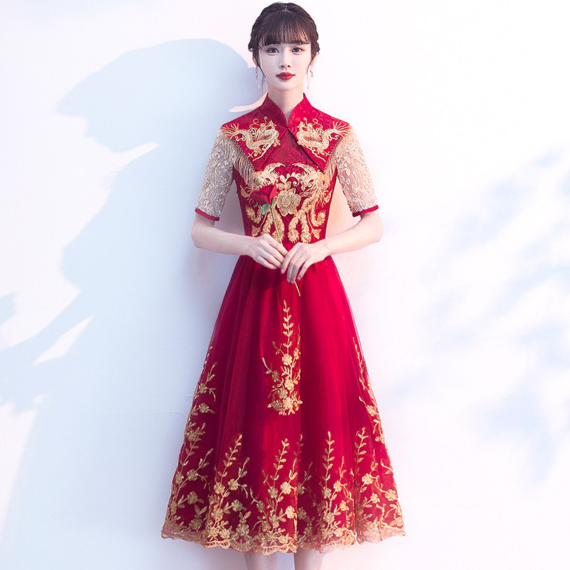 Chinese toast dress bride 2022 new wedding temperament wine red high-end evening dress female small engagement