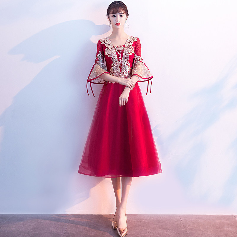 Chinese style toast dress bride wine red little man pregnant women wedding small evening dress women engagement dress usually wear