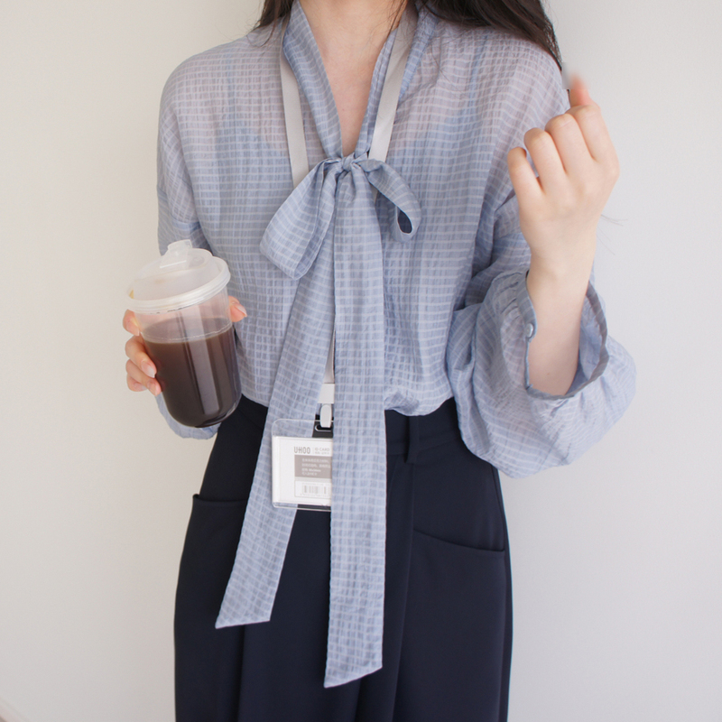 Lost and Found Blue Checkered Bow Tie Lantern Long Sleeve Slit Loose Shirt Elegant Top