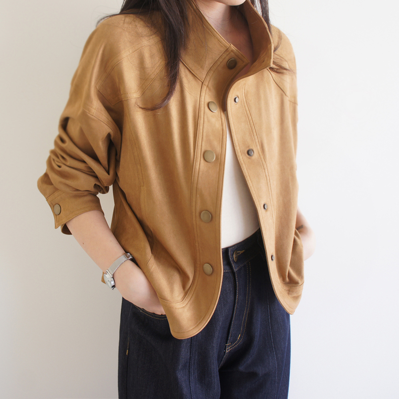 Lost and Found Retro Khaki Soft Suede Long-Sleeved Stand-Up Collar Jacket Loose Top Lost and Found Retro Khaki Soft Suede Long-Sleeved Stand-Up Collar Jacket Loose Top