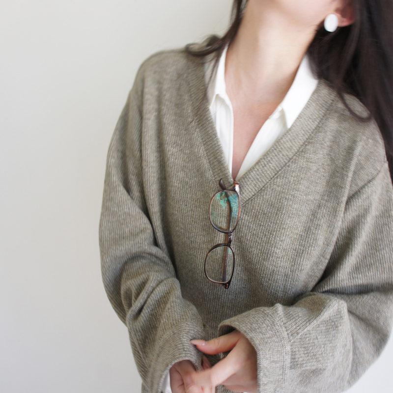 Lost and Found Seaweed Green Striped V-Neck Long Sleeve Shirt-Style Sweater Knit Top, Layerable and Loose-Fitting