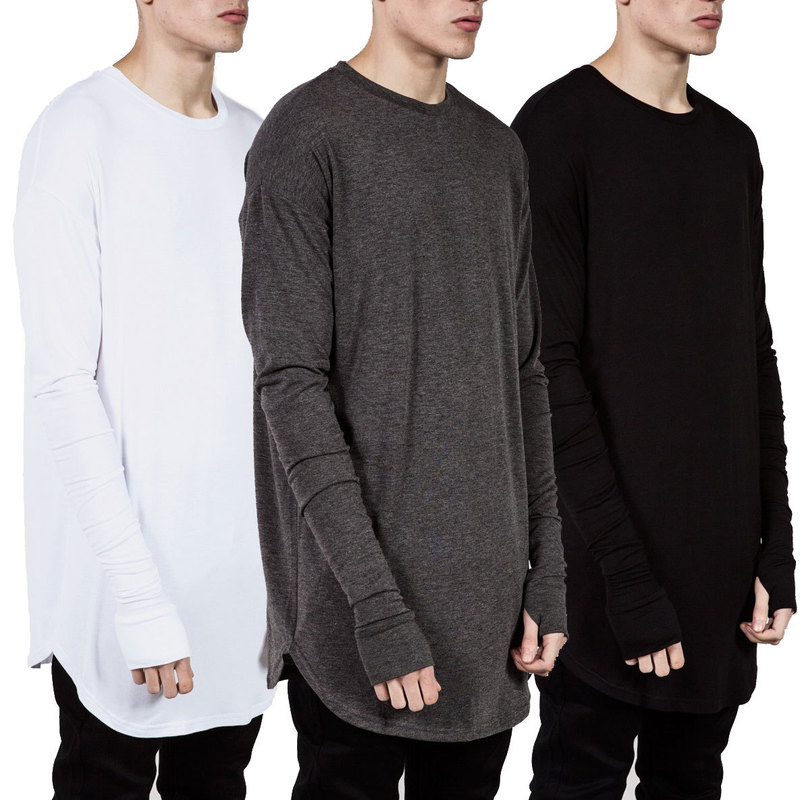 European and American High Street Long-Sleeved Gloves with Integrated Gloves in Black, White, and Gray, Unisex Long-Sleeved Fingerless T-Shirt, Hip-Hop Street Dance T-Shirt