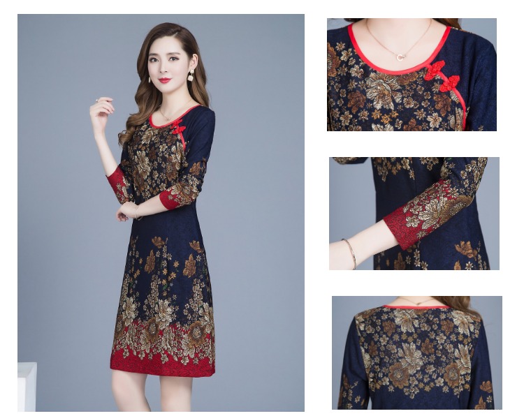 Váy mùa thu cho mẹ 40-50 tuổi Váy sườn xám cho phụ nữ trung niên mùa xuân và áo dài tay mùa thu áo kiểu nữ trung niên