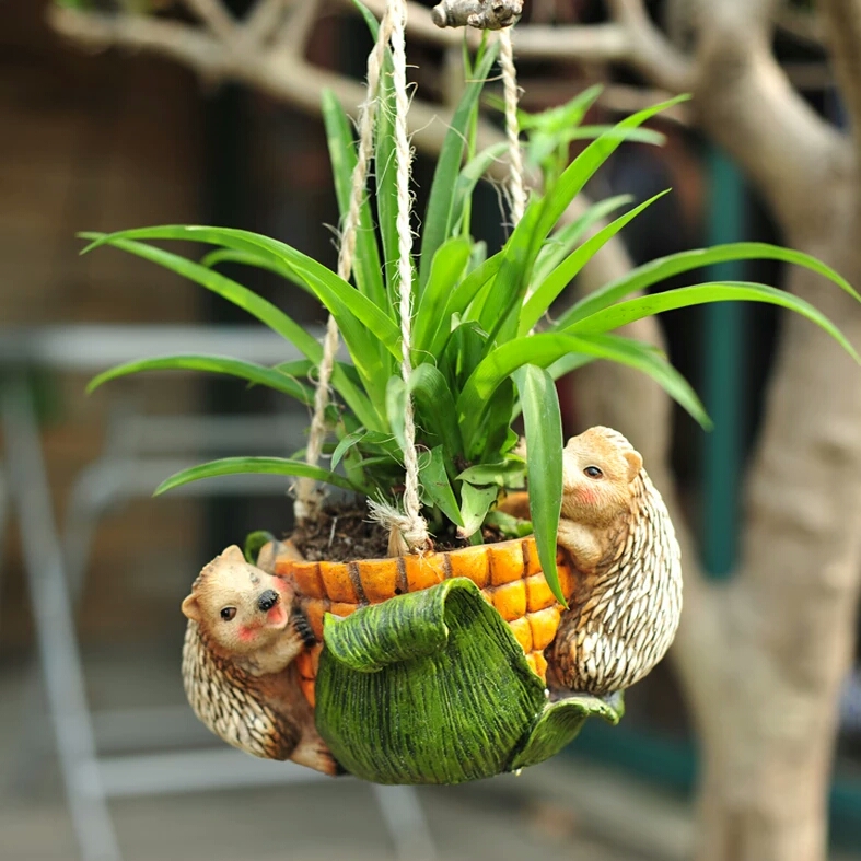 Hanging creative small animal flower pot Turtle Hedgehog Garden courtyard decorative rope hanging basket Balcony fleshy flower supplies