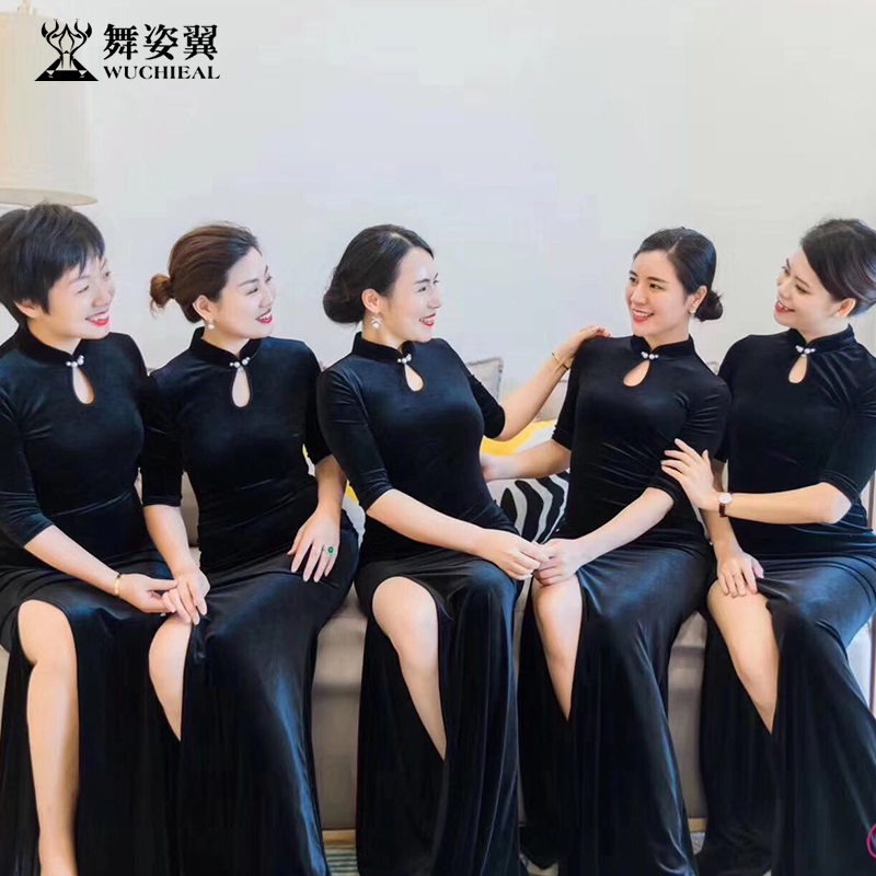 Dance wing slim-fit body suit gift dress women's 2021 summer new classical dance practice suit one-piece velvet cheongsam