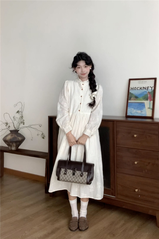 Autumn Women's Clothing 2023 New Style New Chinese-Style Long Dress with Unique Design, Long Sleeves, Embroidery, Jacquard, Tea Break French-Style Dress