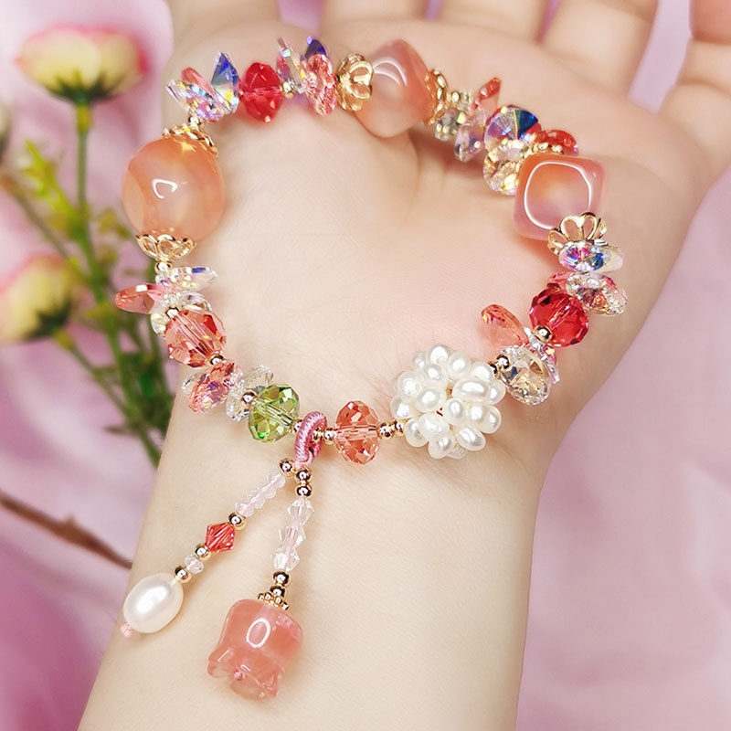 สร้อยข้อมือไข่มุกคริสตัลออสเตรีย สร้อยข้อมืออาเกตสีชมพู พร้อมพู่ห้อยระดับไฮเอนด์ ประดับด้วยดอกไม้ไข่มุกแท้ งานออกแบบดั้งเดิม