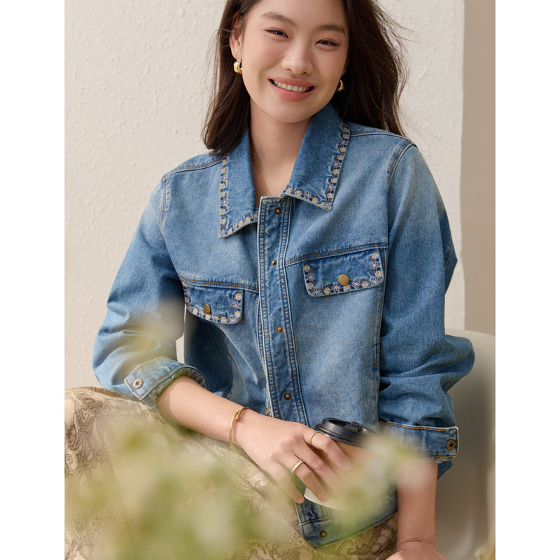 [Embroidered Design Denim Jacket] Xianlixiu Plus Size Women's Pure Cotton Comfortable Cardigan for Plus Size Women 2026 Spring New Style